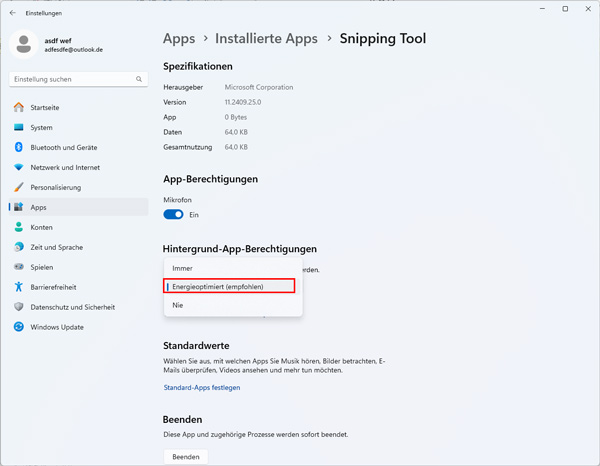 Snipping Tool Energie optimiert