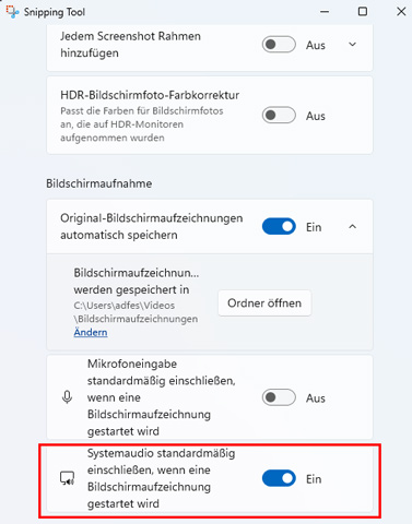 Snipping Tool Systemaudio einstellen