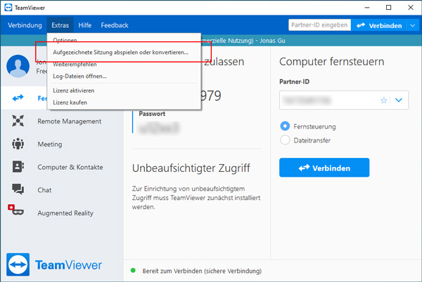 TeamViewer: Aufgezeichnete Sitzung abspielen oder konvertieren