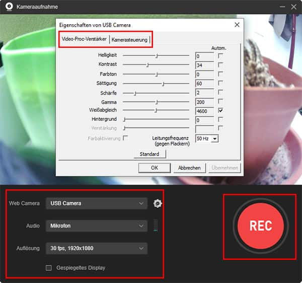 Webcam einstellen und aufnehmen