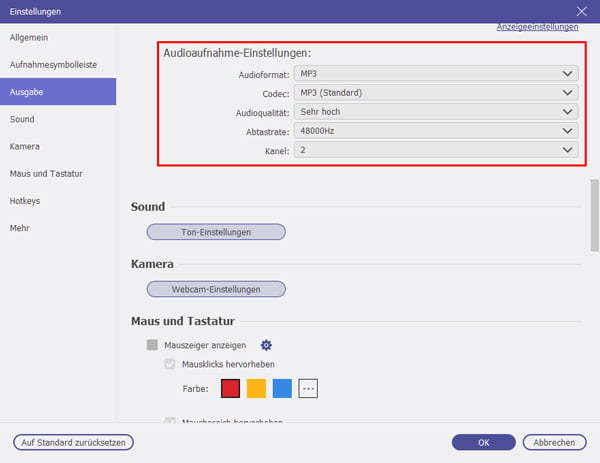 Audioaufnahme-Einstellungen anpassen