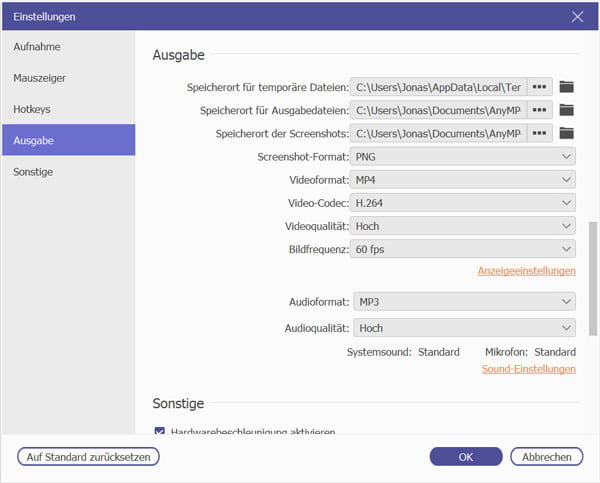 Einstellungen für Ausgabeformat anpassen