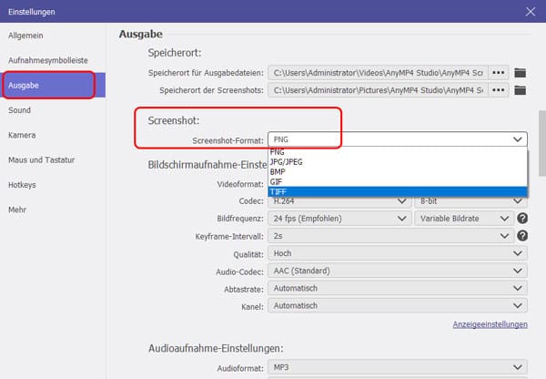 Screenshot-Einstellungen anpassen