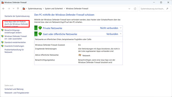 Eine App durch die Windows Defender Firewall zulassen