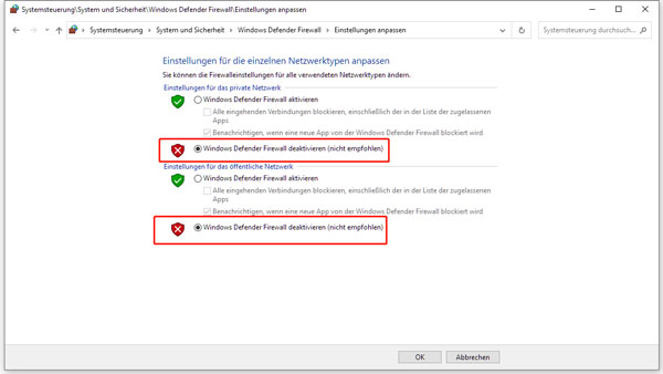 Windows Defender Firewall ausschalten