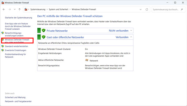 Windows Defender Firewall deaktivieren auswählen