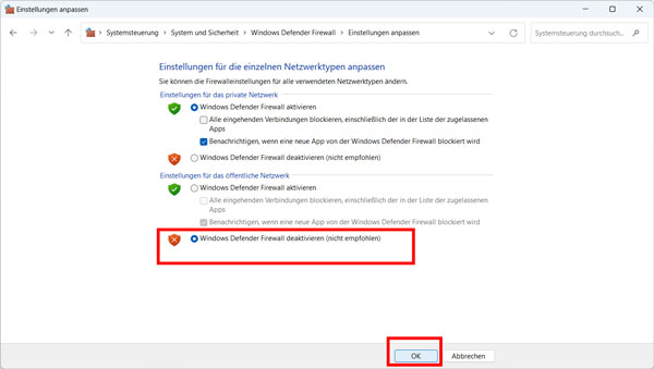 Windows Defender Firewall deaktivieren