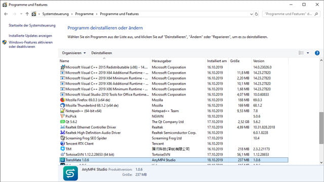 TransMate deinstallieren