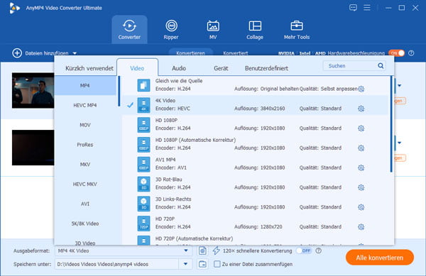 MP4 als Ausgabeformat auswählen