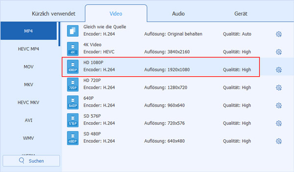 HD-Videoformat wählen