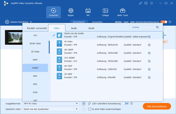 WebM als Ausgabeformat wählen