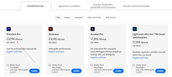 Abo Info von Adobe Premiere Pro