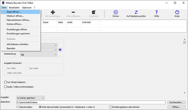 Datei in XMedia Recode laden