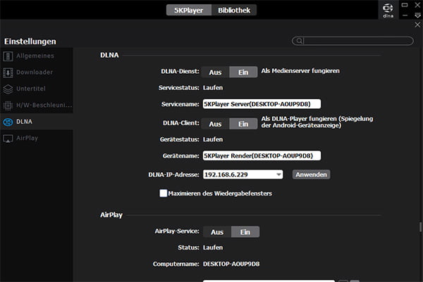 DLNA und AirPlay einstellen