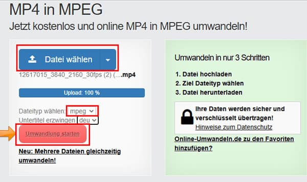 Mit Online umwandeln Konvertierung starten