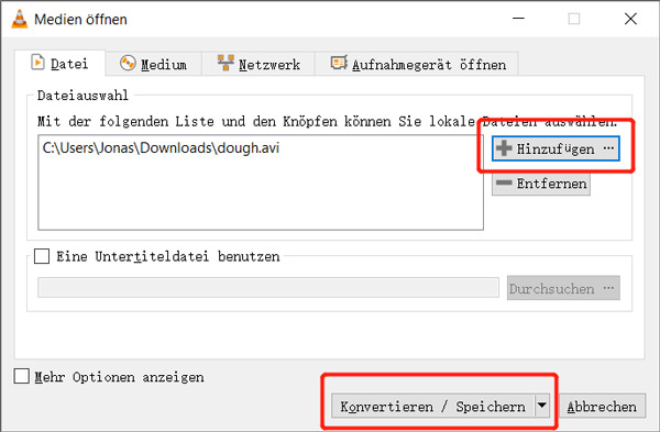 VLC: AVI-Datei hinzufügen