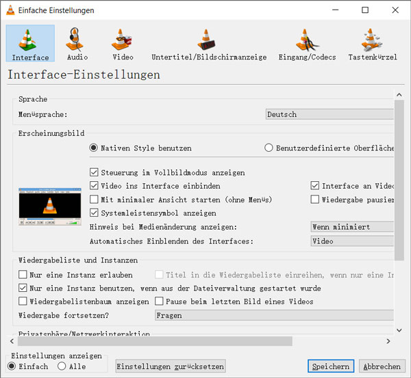 VLC-Einstellungen zurücksetzen