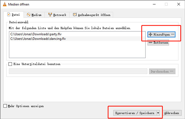 VLC: FLV-Dateien hinzufügen