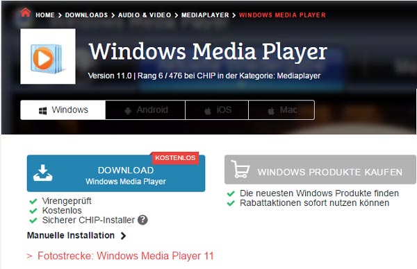 Windows Media Player 11 von Chip downloaden