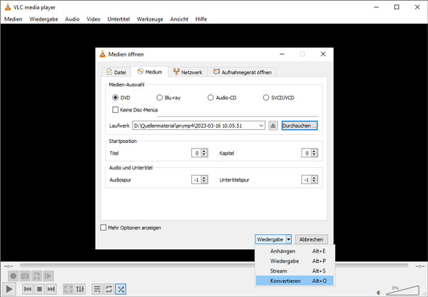 Konvertieren in VLC auswählen