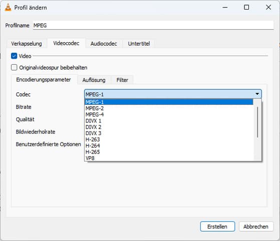 Videocodec wählen