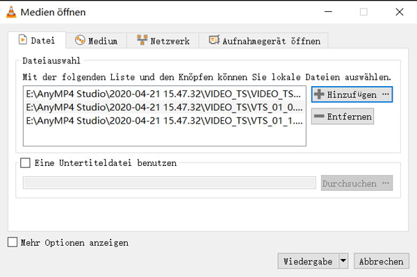 VOB-Dateien in VLC hinzufügen