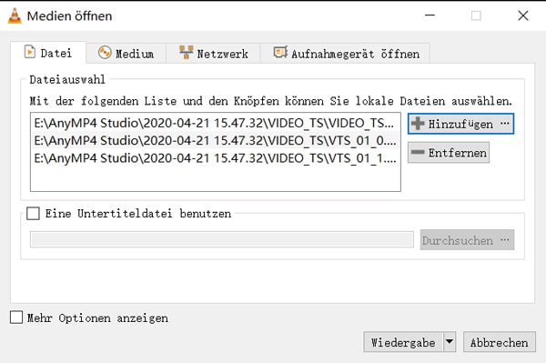 VOB-Dateien in VLC hinzufügen