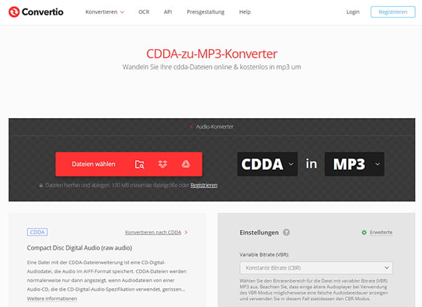 CDA in MP3 umwandeln mit Convertio