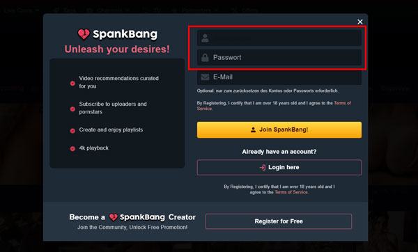 Konto erstellen auf SpankBang