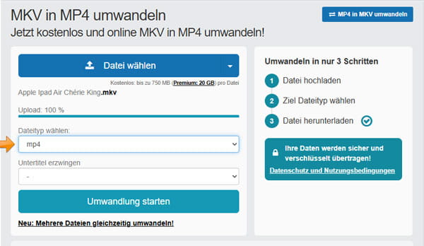 MKV mit Online-Umwandeln zu MP4 konvertieren