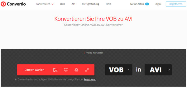 VOB zu AVI konvertieren mit Online VOB to AVI Converter