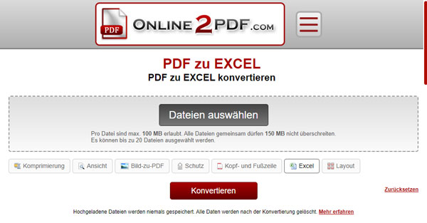 PDF in Excel umwandeln mit ONLINE2PDF